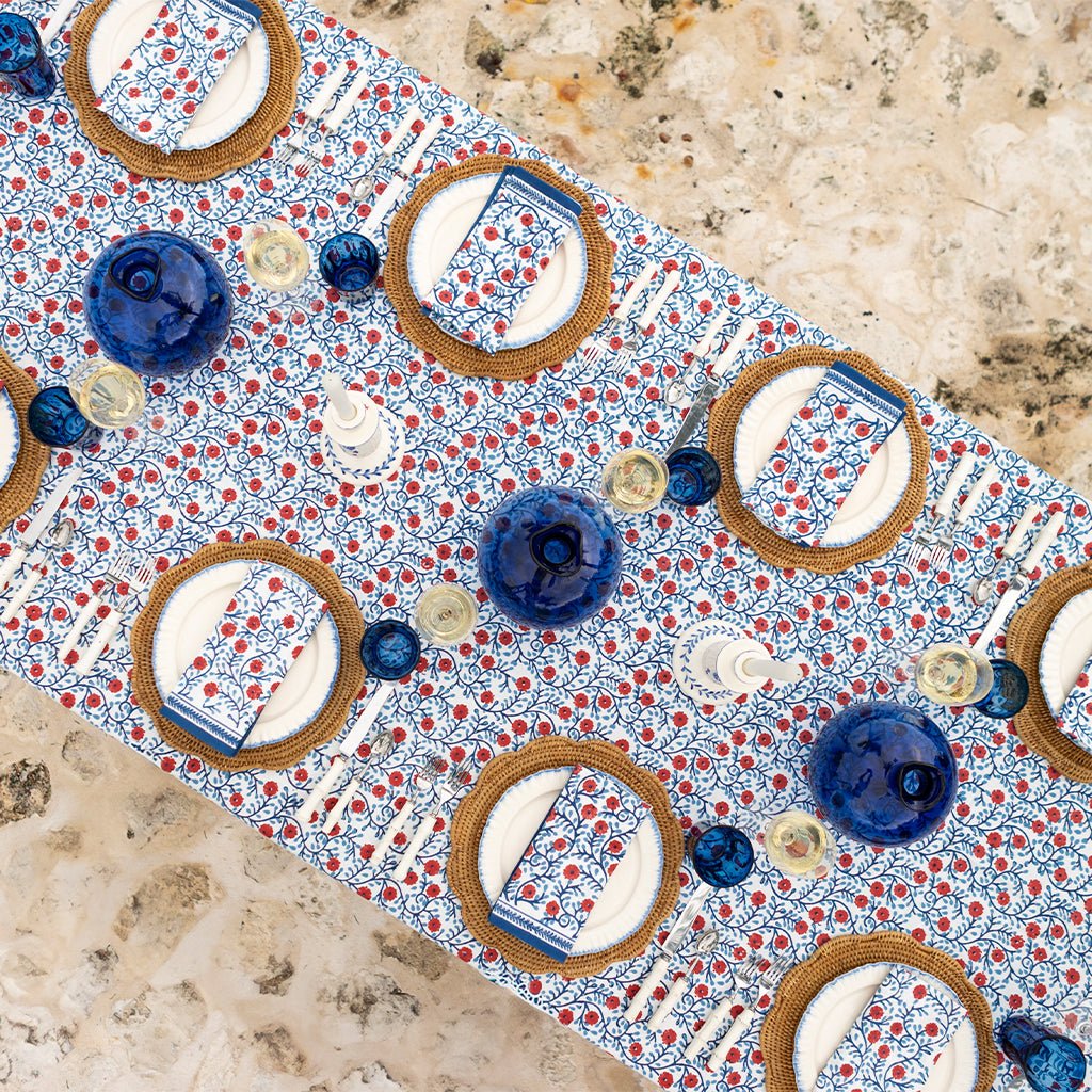 Stephanie Red & Blue Tablecloth - Pomegranate