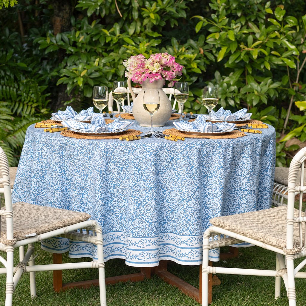Tapestry Sky Blue Tablecloth - Pomegranate
