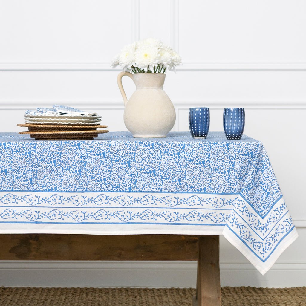 Tapestry Sky Blue Tablecloth - Pomegranate