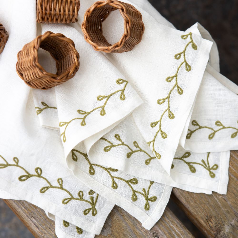 Twig & Bud Moss Embroidered Linen Napkin | Set of 4