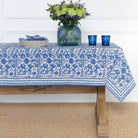 Blue & white floral hand block printed cotton tablecloth
