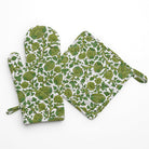 Green & white floral hand block printed oven mitt and pot holder set