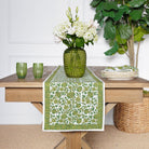 Green & white floral hand block printed cotton table runner