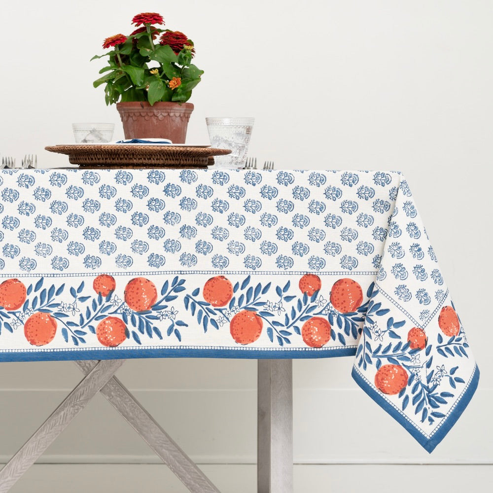 tablecloth with blue florals and oranges