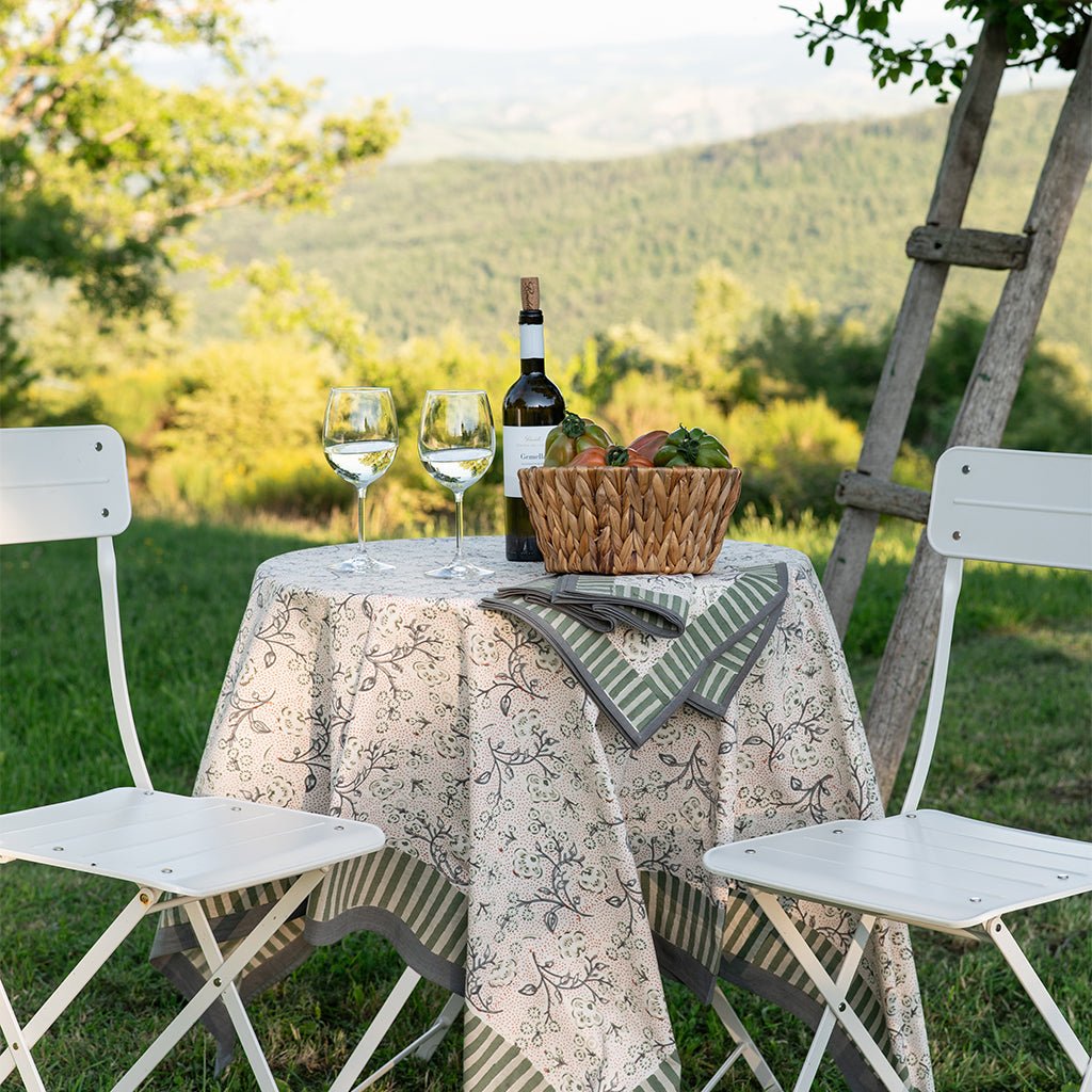 Floral & Berries Sage & Taupe Tablecloth - Pomegranate
