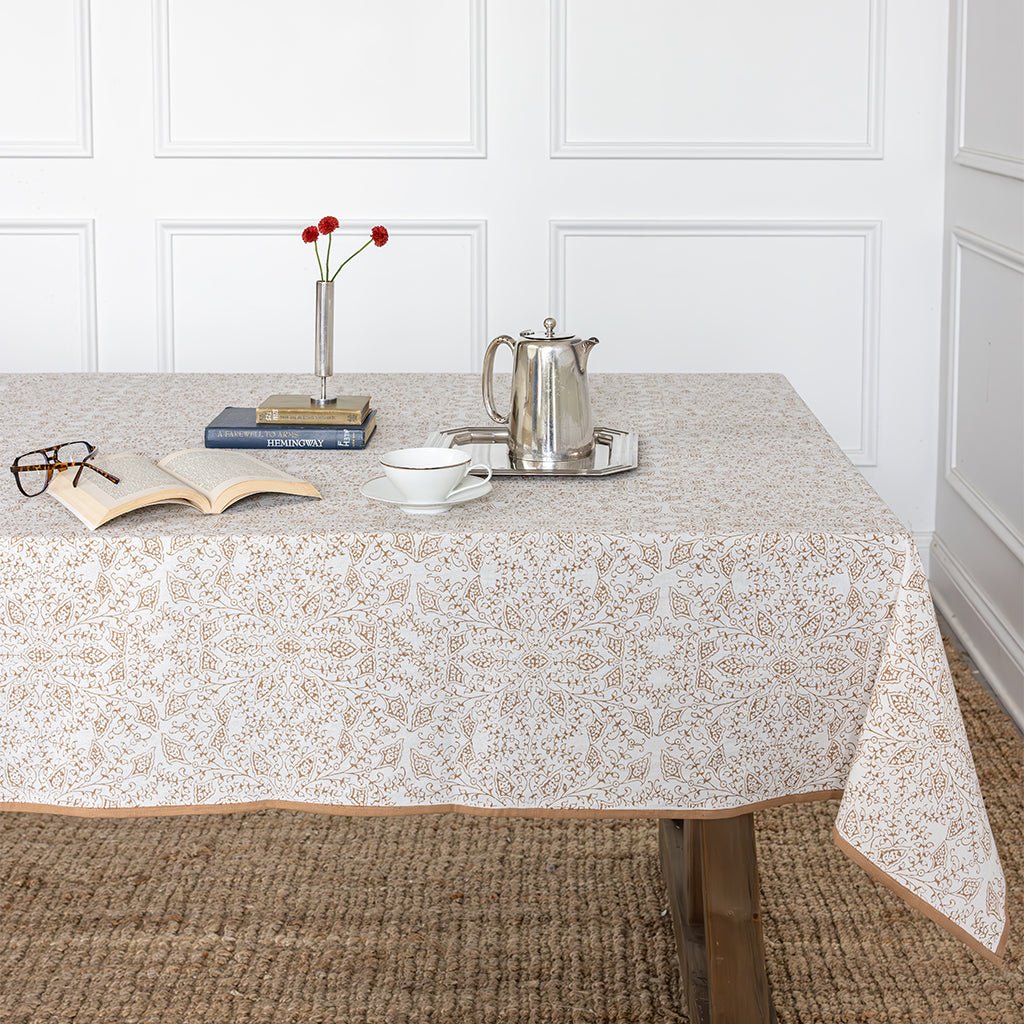 India Hicks Home King's Lace Dark Sand Tablecloth - Pomegranate