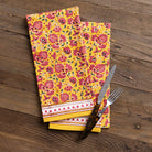 Pom Fan Flower Mustard & Magenta Tea Towels - Pomegranate