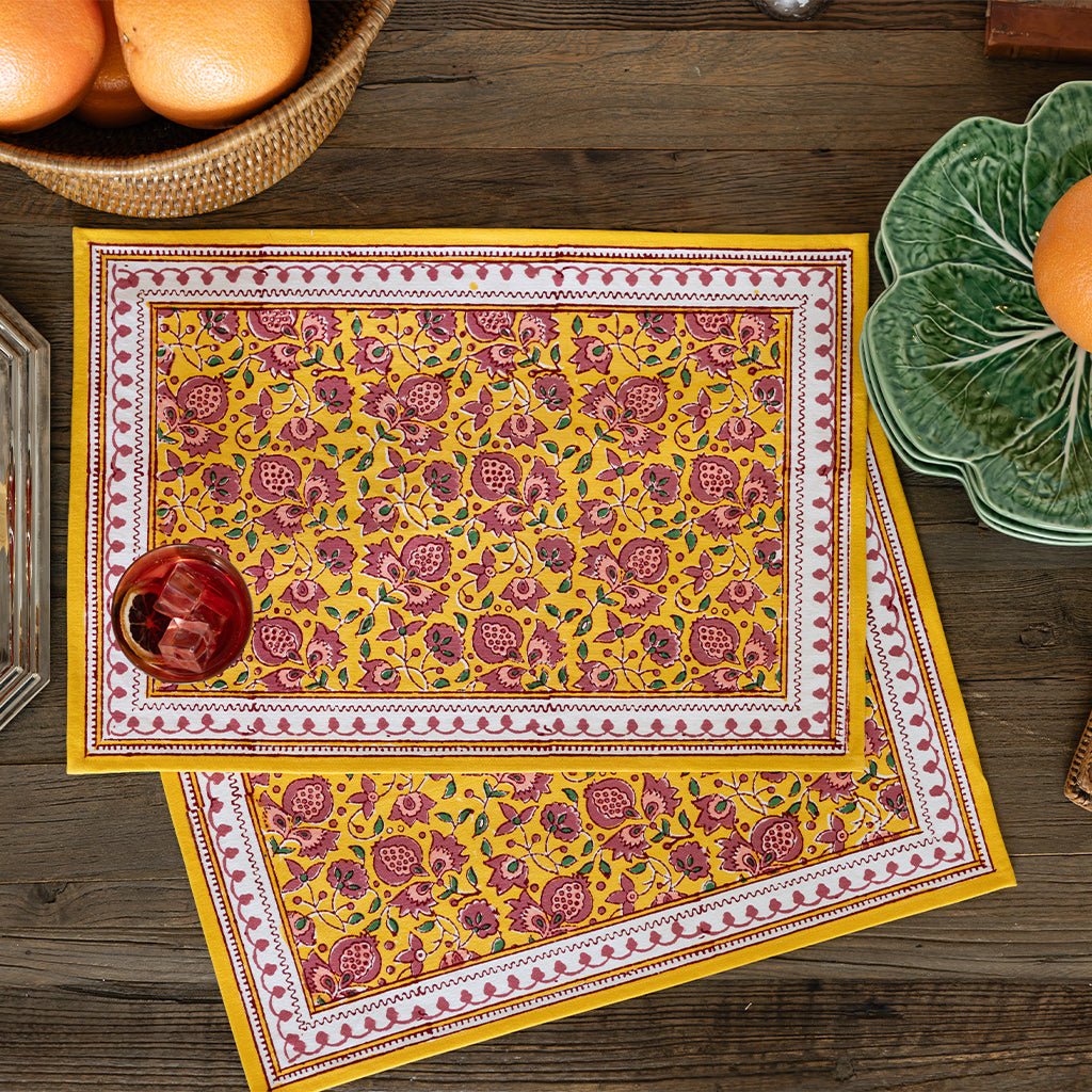 Pom Fan Flower Mustard & Magenta Placemat | Set of 4 - Pomegranate
