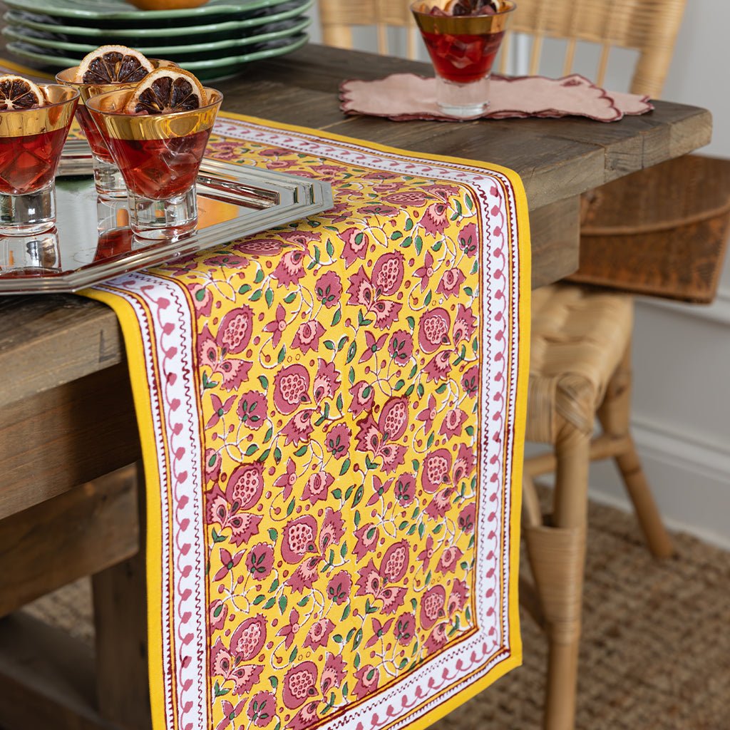 Pom Fan Flower Mustard & Magenta Table Runner - Pomegranate