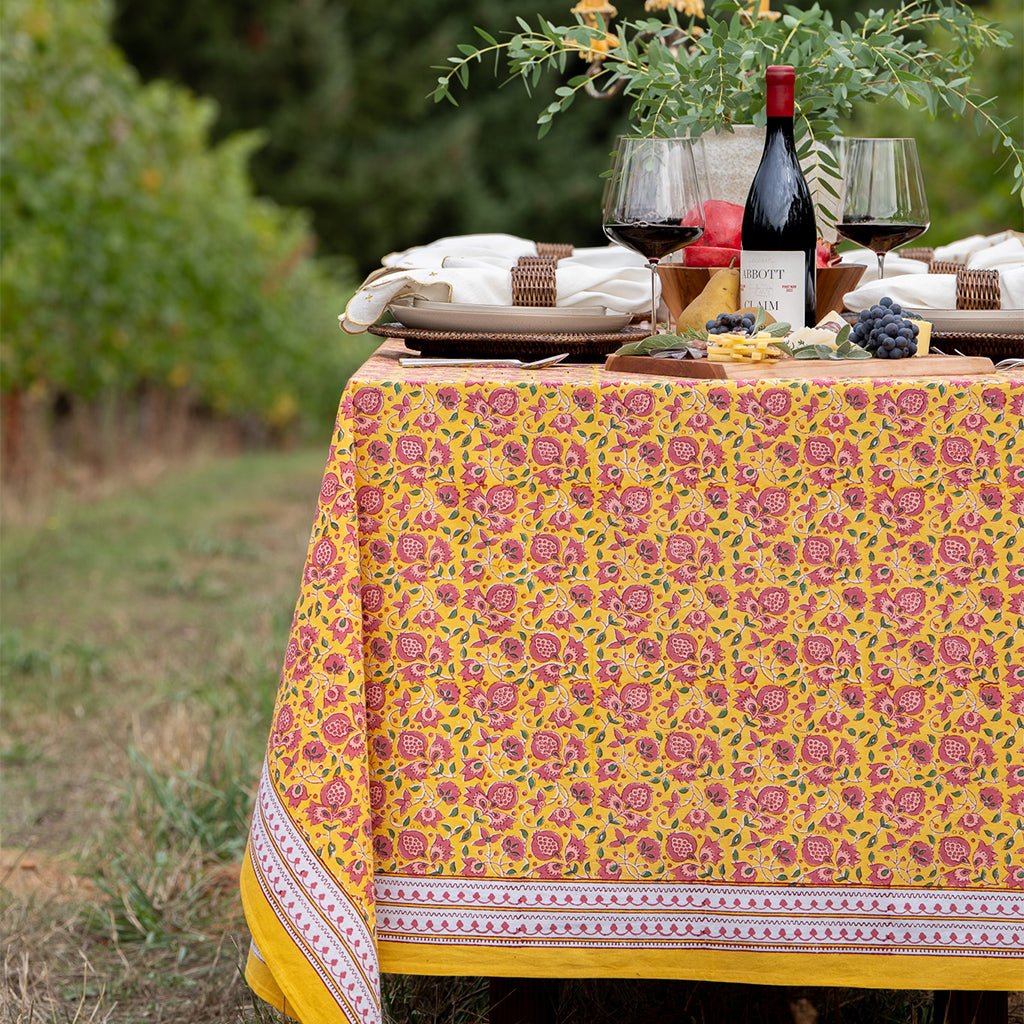 Pom Fan Flower Mustard & Magenta Tablecloth - Pomegranate