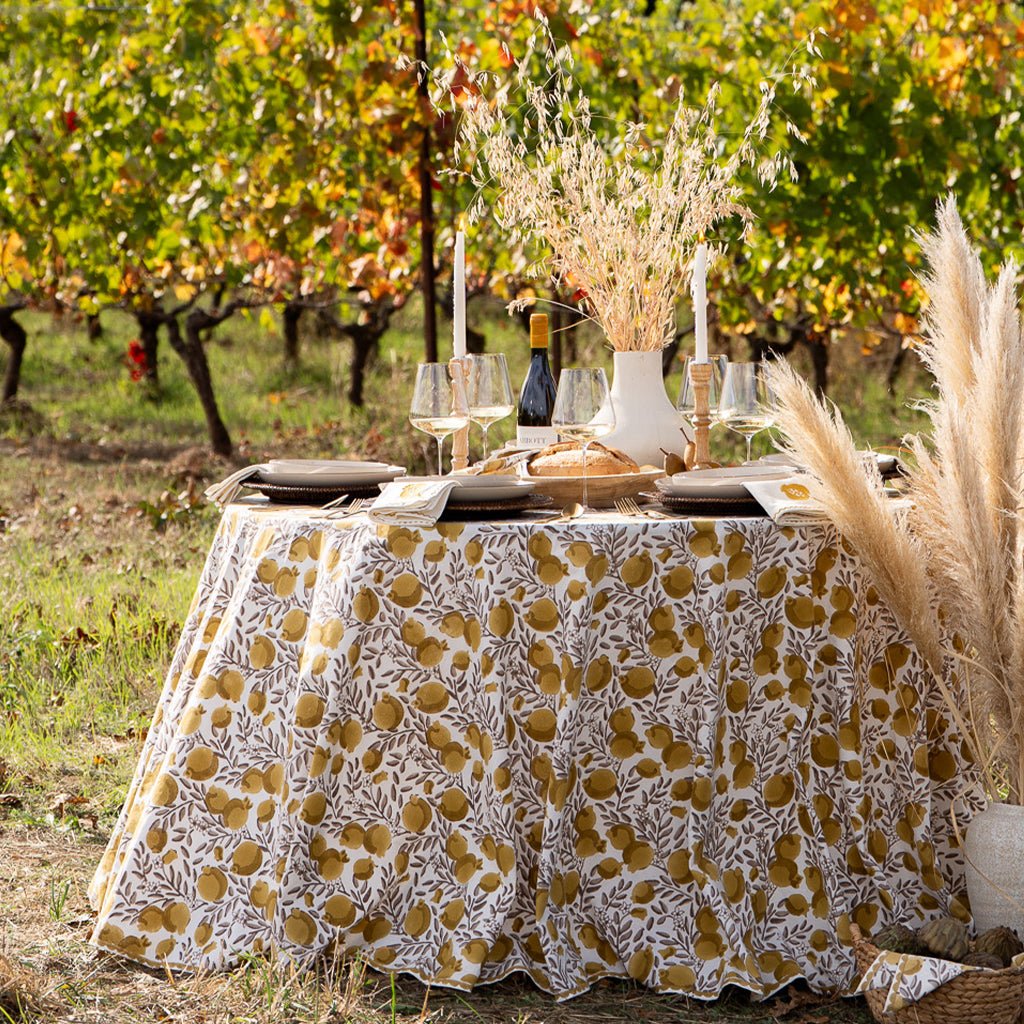 Pomegranate Vine Ochre & Brown Tablecloth - Pomegranate