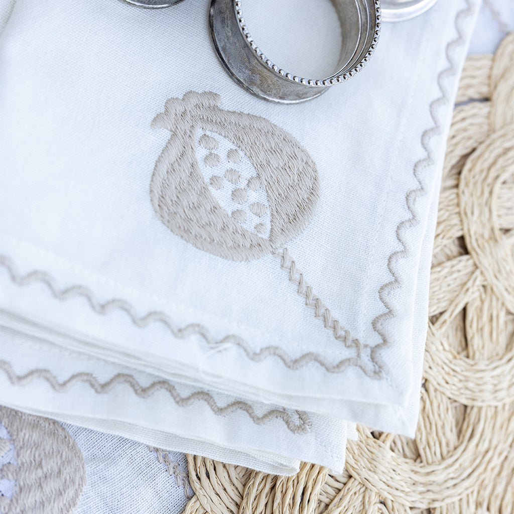Pomegranate Crewel Natural Napkin | Set of 4 - Pomegranate