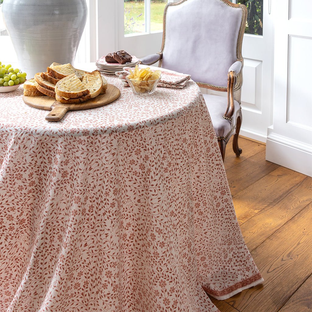 India Hicks Home Queen's Bloom Coral Tablecloth - Pomegranate