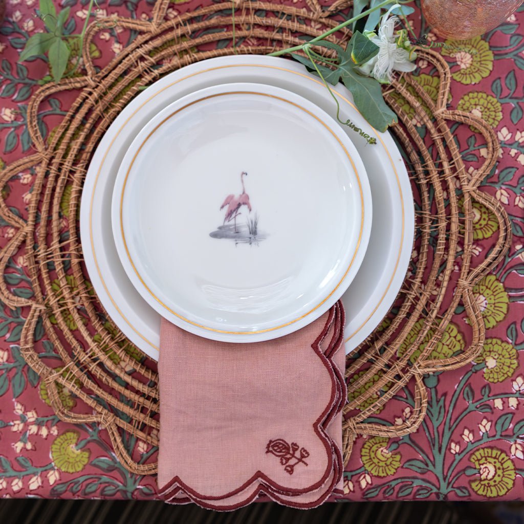 Scalloped Buti Rose & Berry Napkin | Set of 4 - Pomegranate