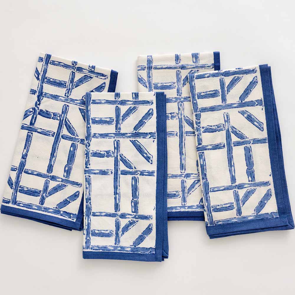 Geometric blue and white bamboo pattern on napkin set of 4. 