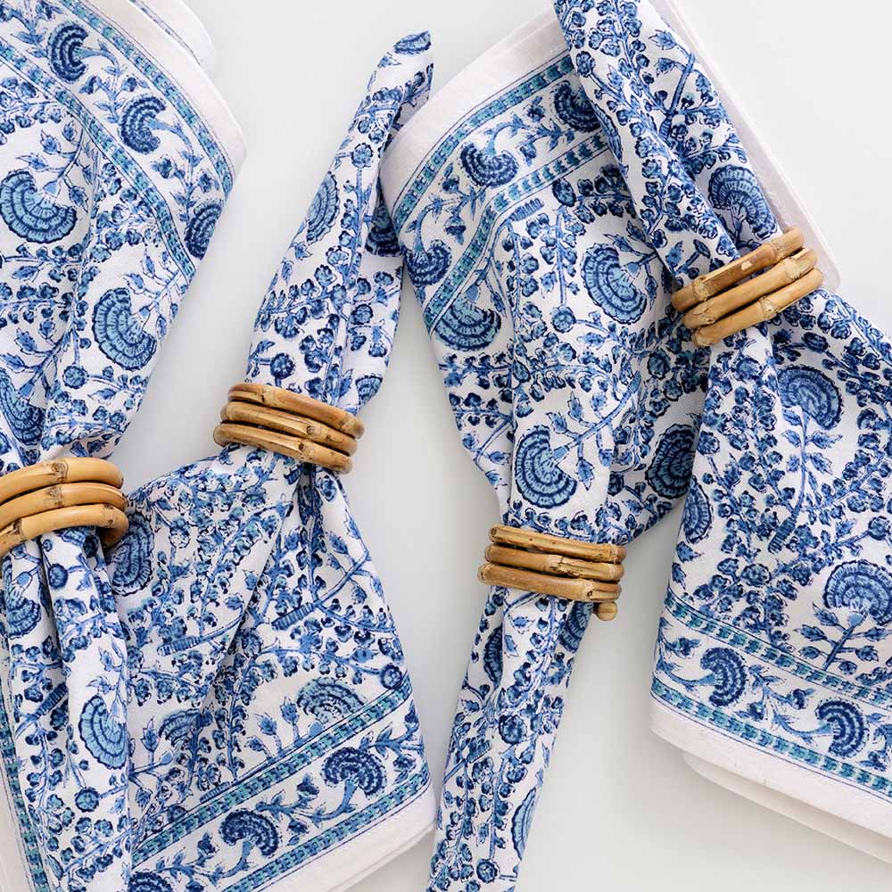 Intricate blue and white pattern napkin set of 4. 