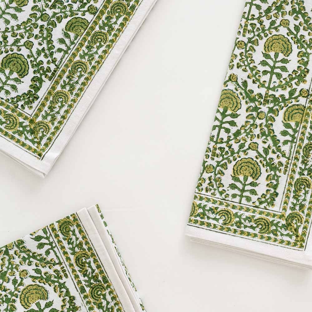 Intricate green and white detailing on 100% cotton napkins. 