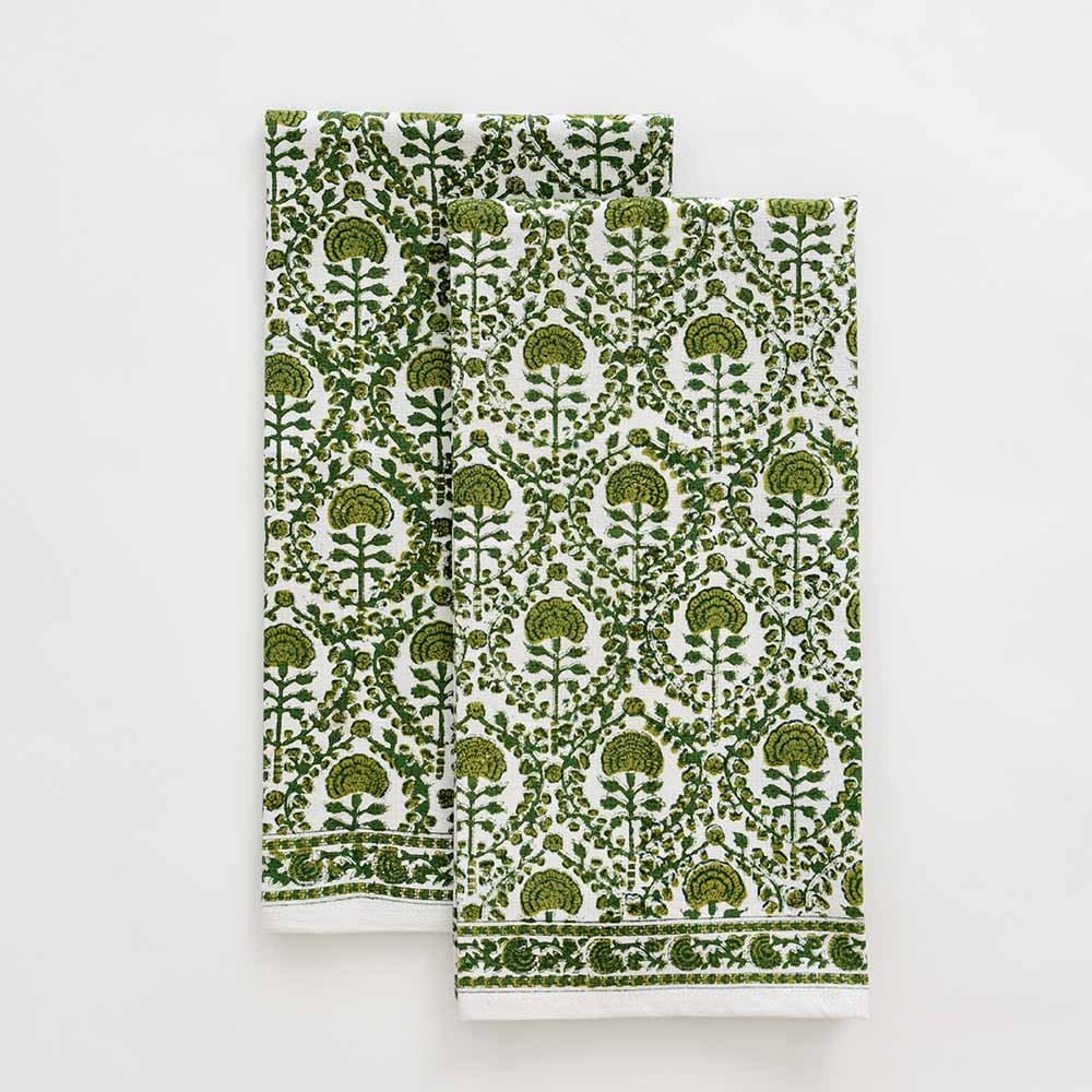 Caroline Green Tea Towels show the natural earthy beauty of the green and white hues used to form this intricate pattern. 