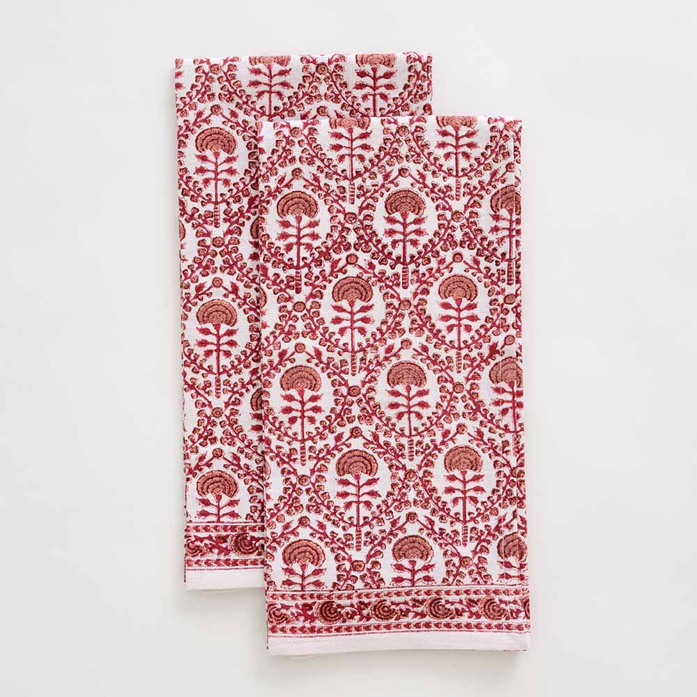 Set of 2 Caroline Red tea towels with intricate red and white floral detailing. 