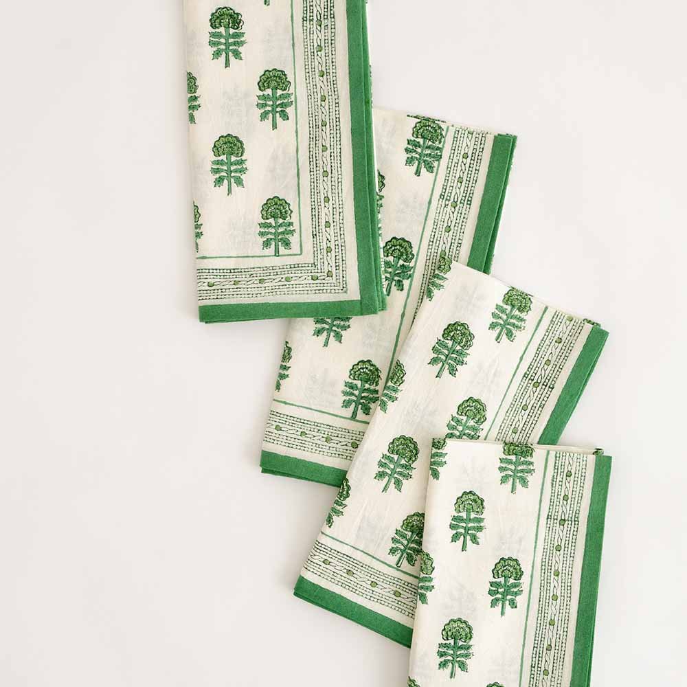 The green and white hand block printed cotton napkins bring a refreshing yet cool look to your table. 