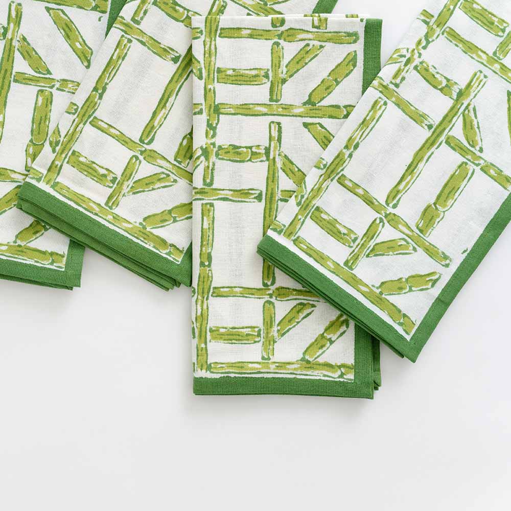 Napkin set of 4 with green bamboo geometric pattern. 