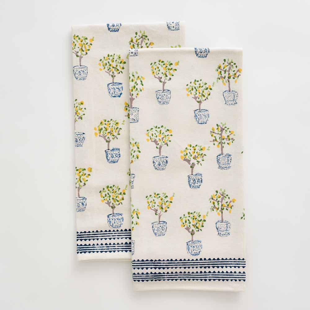 Fruit Tea Towel set of 2 Floral Dish Towel Lemon Hand 