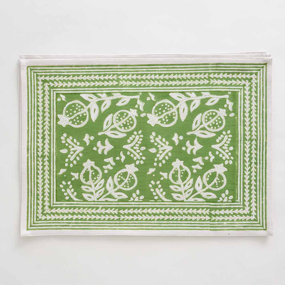Close up of Pomegranate Green Placemat set of 4. 