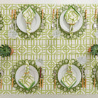 Overhead view of Green Bamboo tablecloth and matching napkins. 