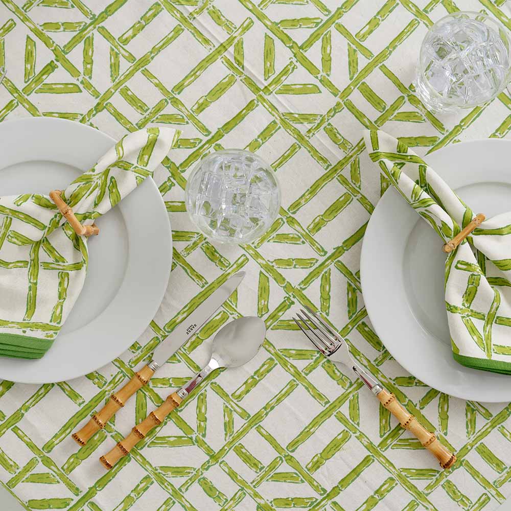 Close up of Green Bamboo tablecloth and matching napkins. 