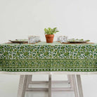 Block printed green floral design tablecloth. 