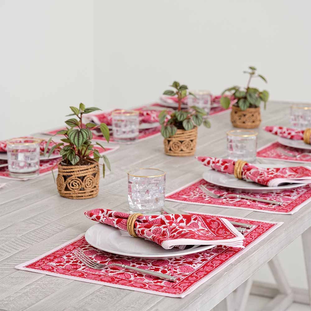 Crimson Blossom Placemat paired with Crimson Blossom Napkin. 