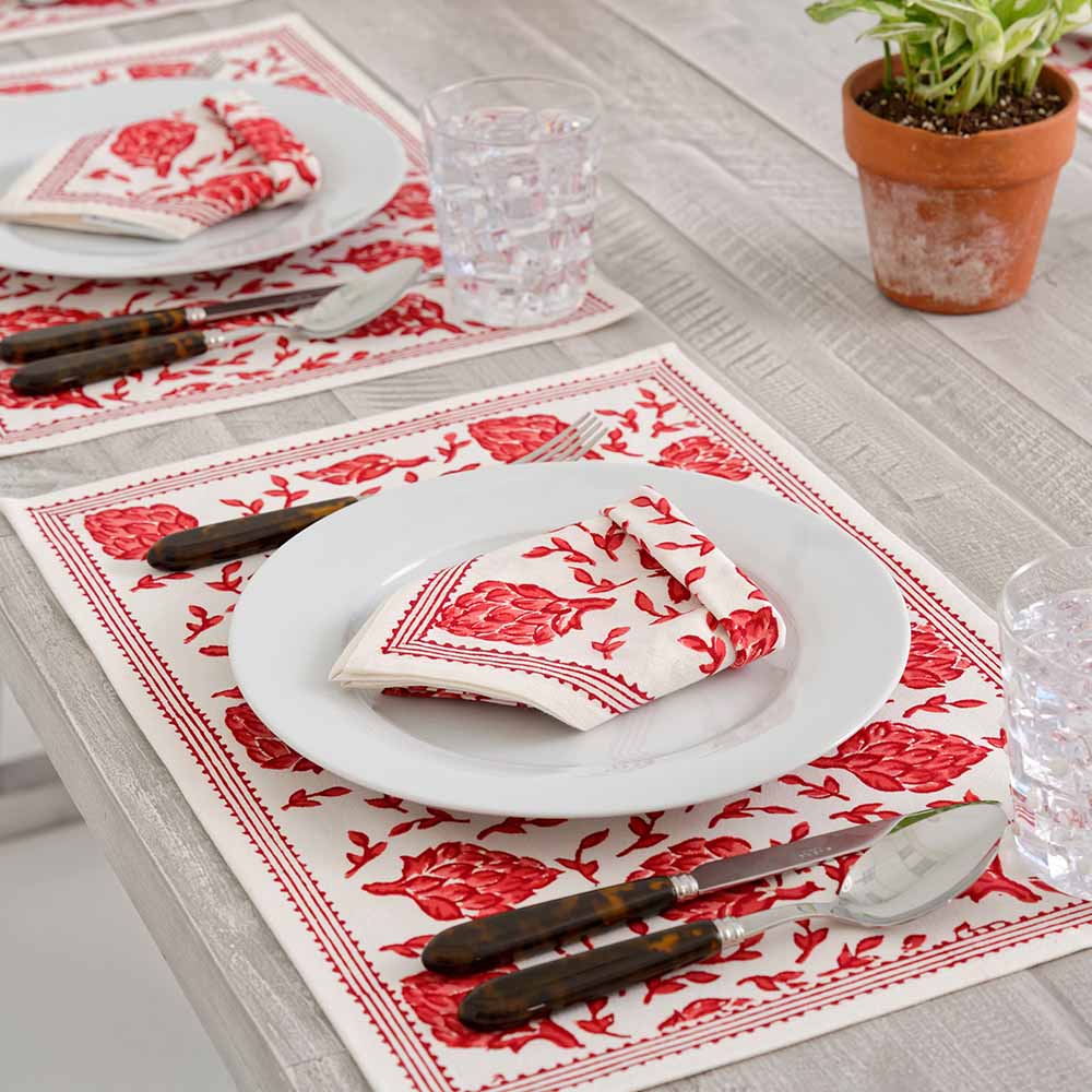 Dancing Artichokes Red Placemat with hand painted pattern. 