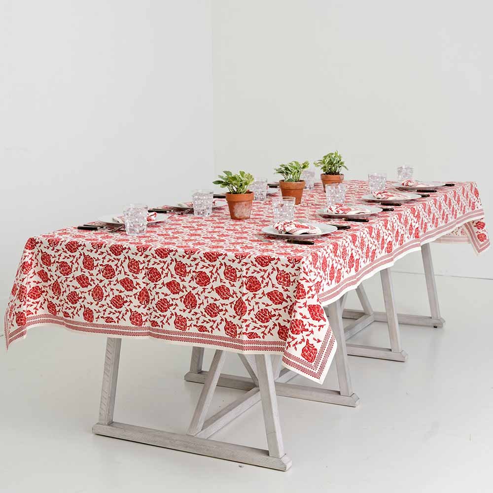 Full view of Dancing Artichokes Red Tablecloth. 