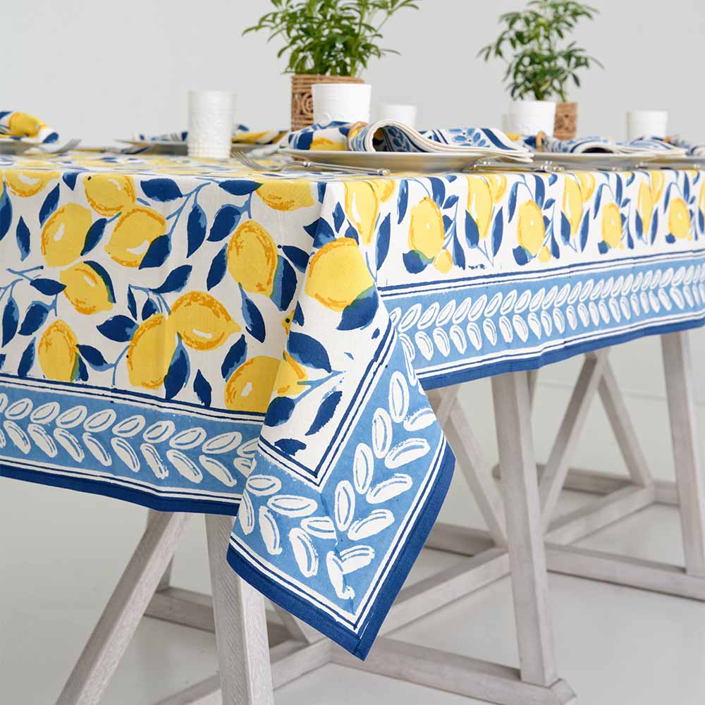 Close up of corner and border details of Mod Lemon tablecloth. 