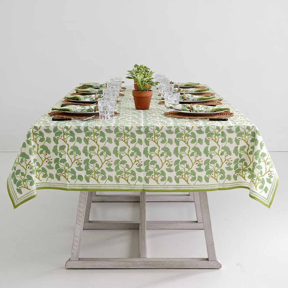 Spring Ginkgo Tablecloth on dinner table. 