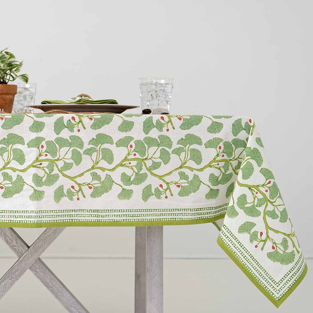 Tablecloth with fan shaped ginkgo leaves. 