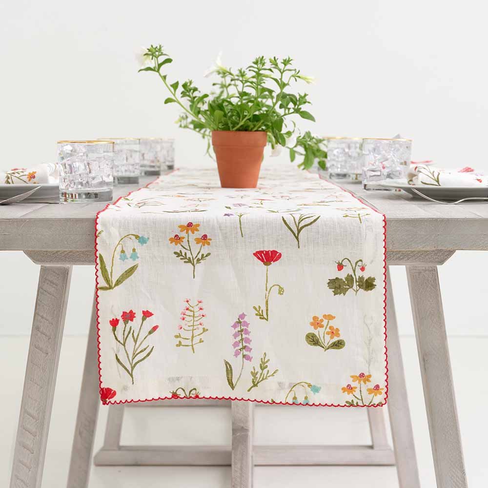 Botanical Garden linen floral table runner. 