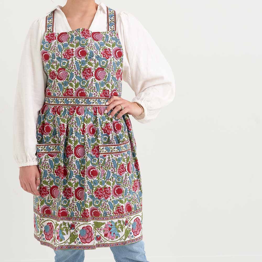Model wearing Bohemian Floral Turquoise & Cranberry apron