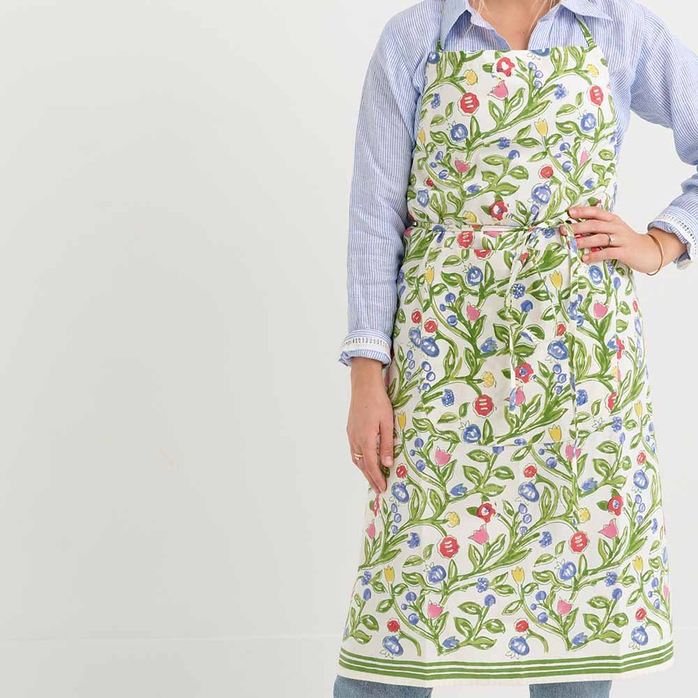 Lively hand blocked floral and vine print apron. 
