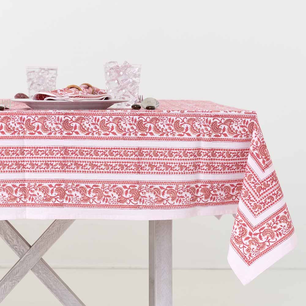 Vibrant red floral detailing and white stripes around the perimeter make the Caroline Red Tablecloth stand out in the best way. 
