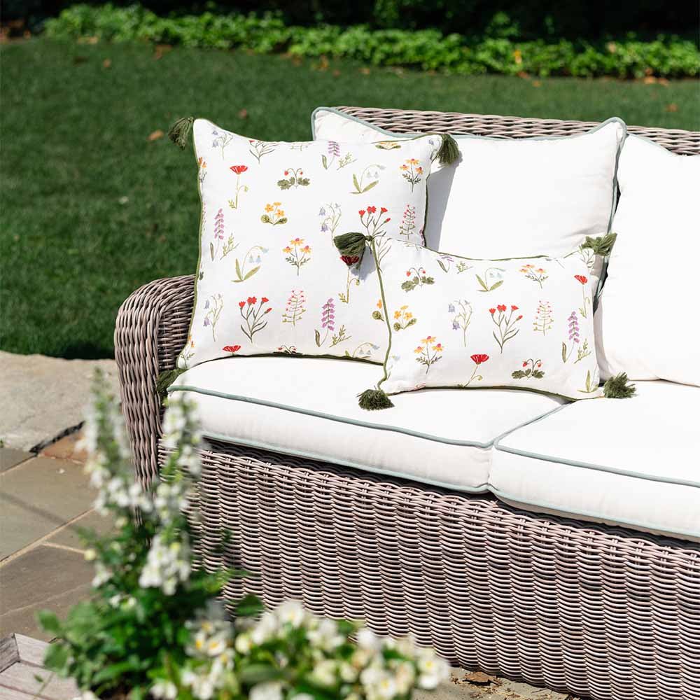 Botanical Garden pillow cover on outdoor couch. 
