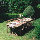 Beautiful outdoor table with linen napkins and table runner. 