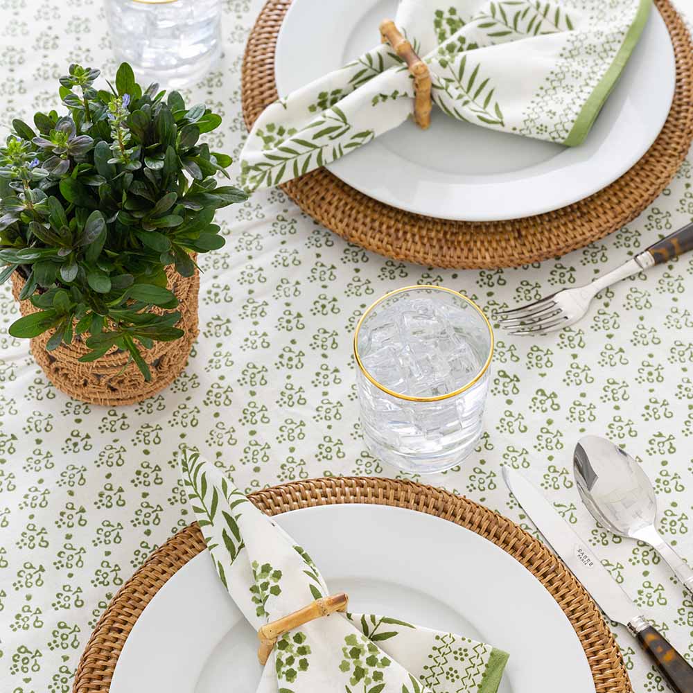 Close up of tablecloth and matching napkins. 