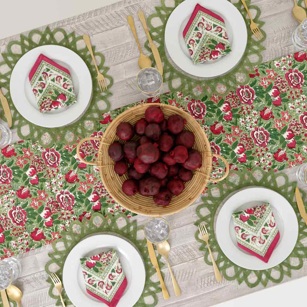 Raspberry, moss, and fern colored table runner; perfect staple for the season. 