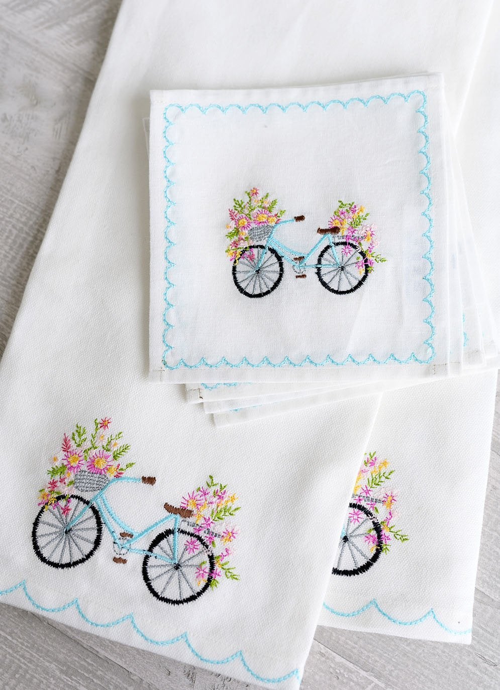 Blossom Bike Tea Towel set with cocktail napkins