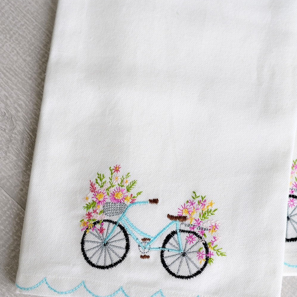 tea towel with stitched bicycle