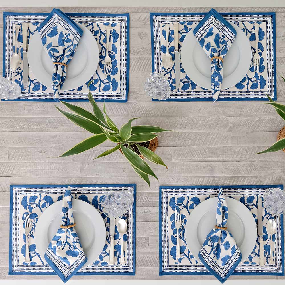 Fresh blue hues on placemat and napkin combo. 