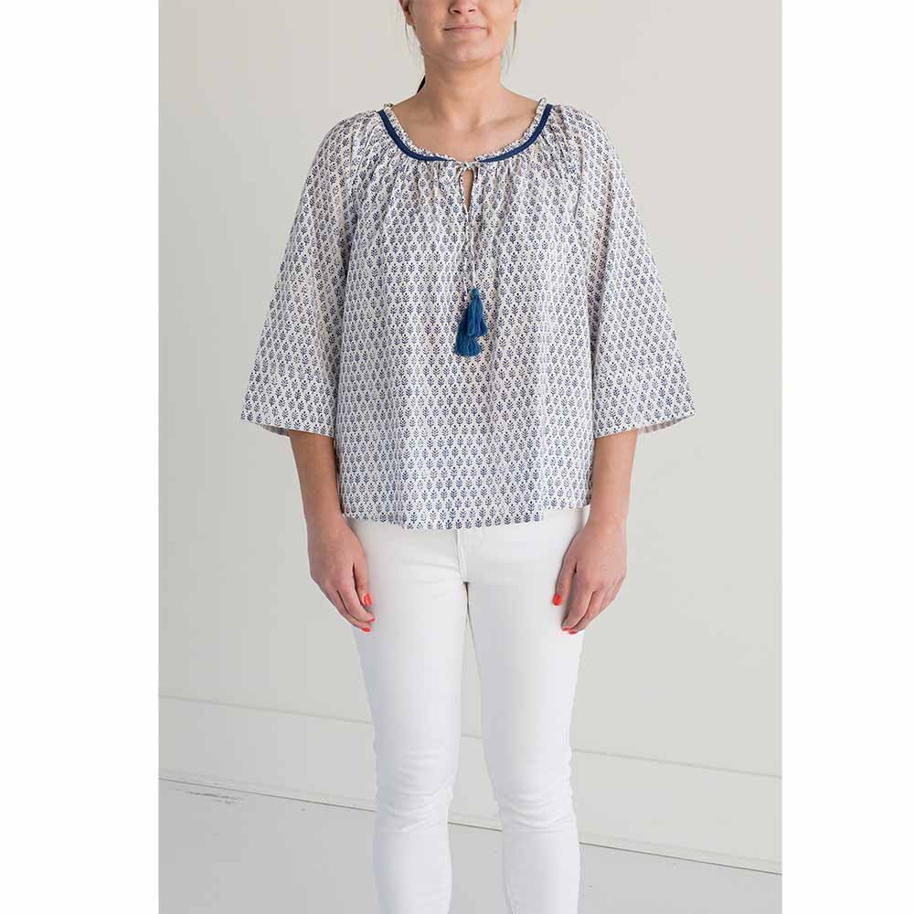 Blue Feather Booti Tie Neck Blouse