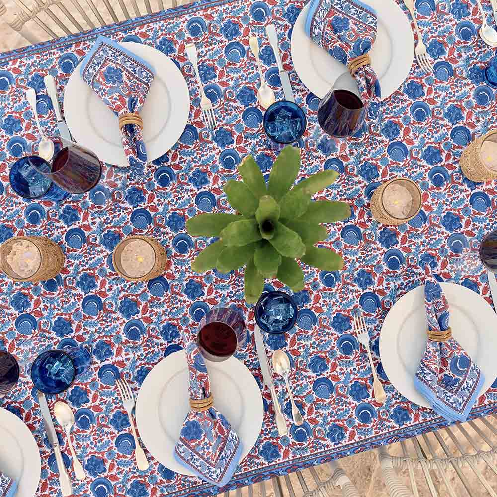 Bohemian Floral Blues & Paprika Tablecloth – Pomegranate Inc.