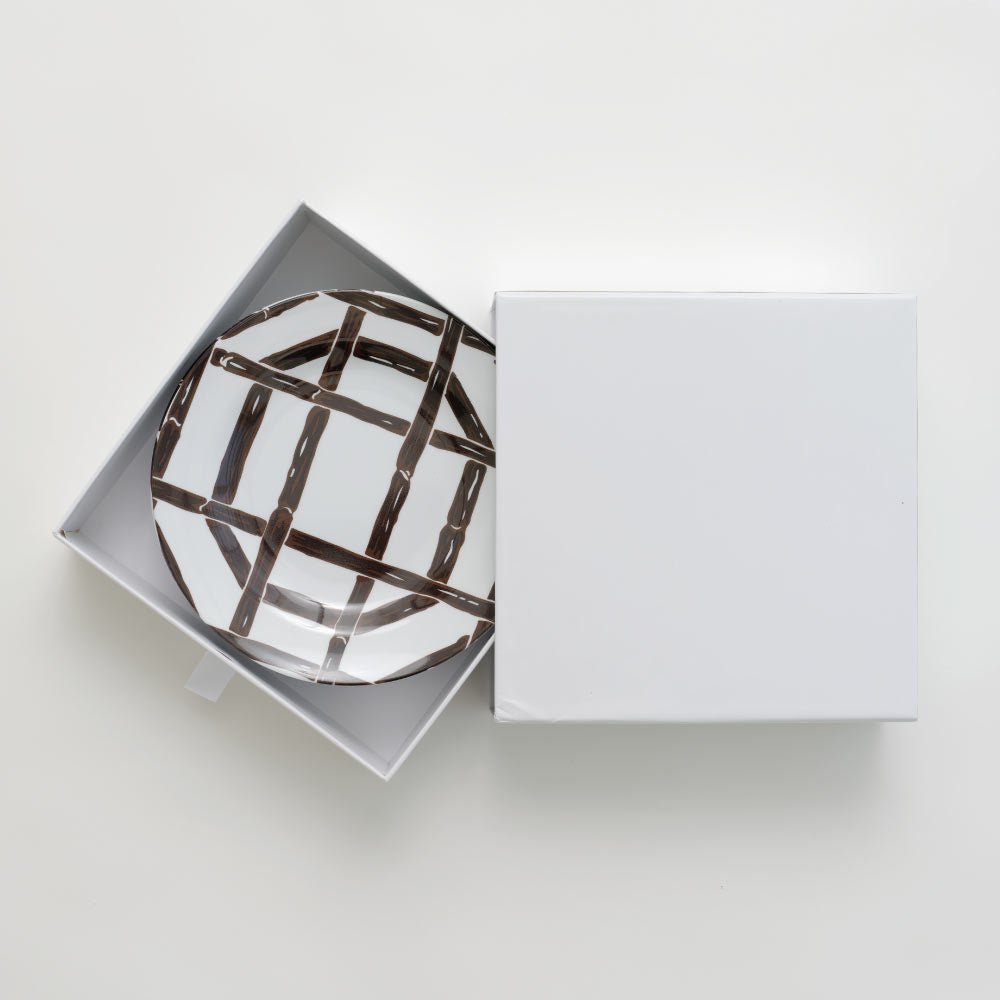 Brown bamboo geometric print appetizer plate. 